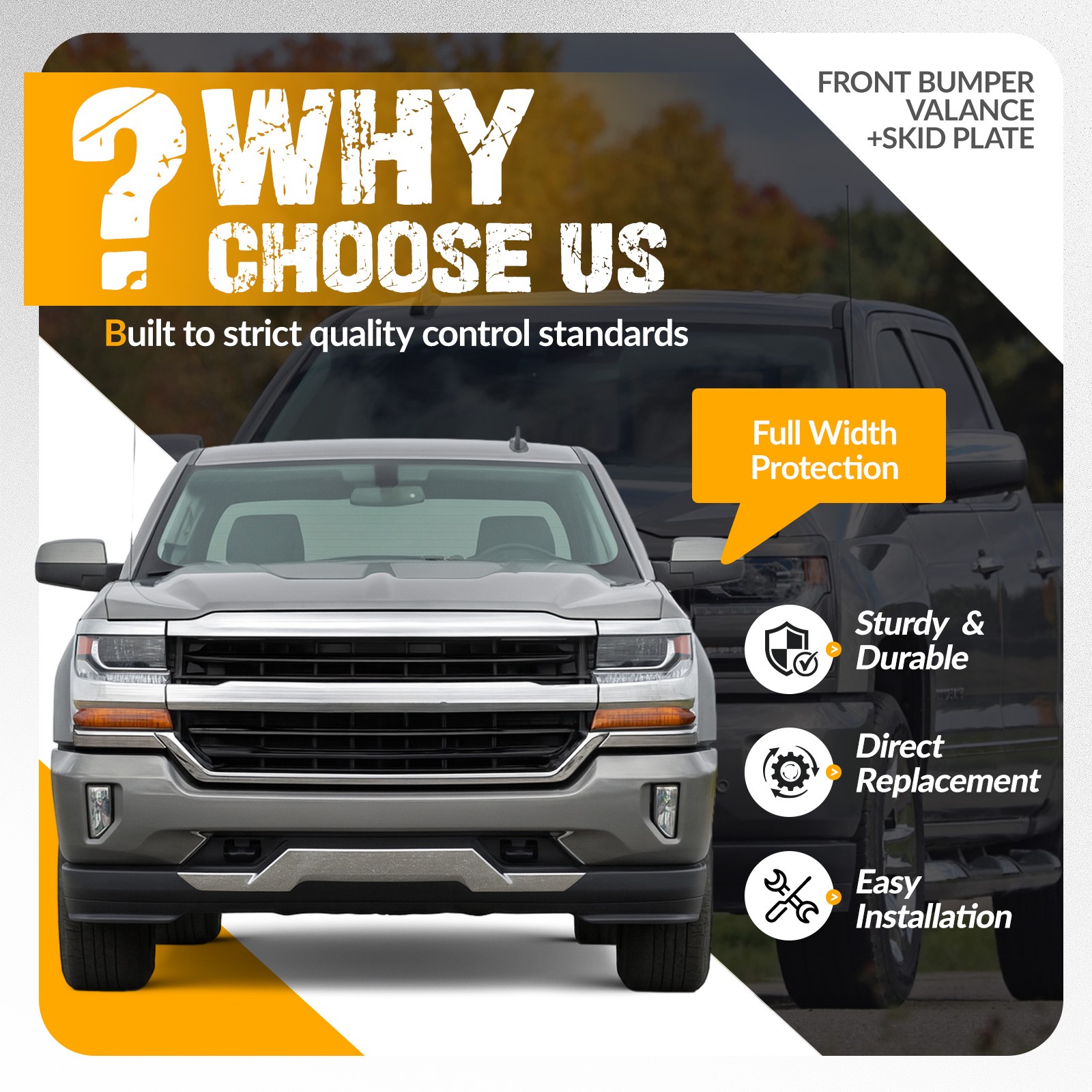 For Chevy Silverado 1500 2016-2019 Black Front Bumper Valance &Chrome Skid Plate