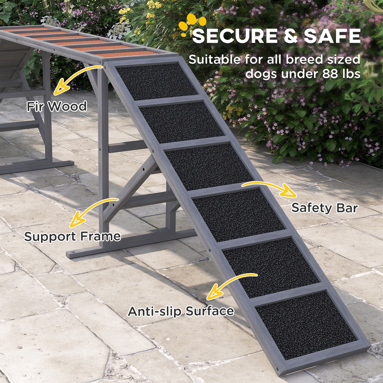 Dog Agility Equipment Ramp with Safety Bar, Non-slip Surface, Gray
