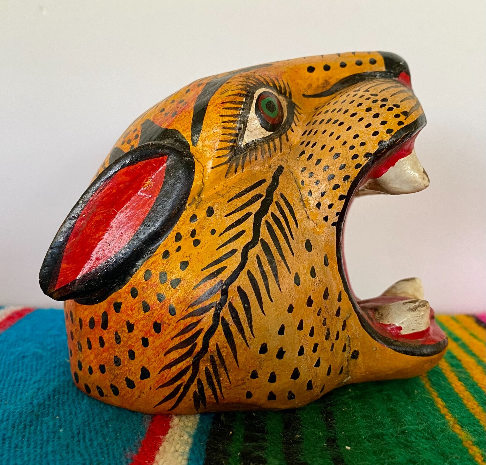 Mexican Folk Art Carved Wood Jaguar Leopard Cat Head Lion Face Mask Guerrero 5"