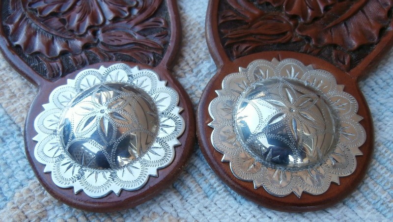 Visalia Style Scalliped Edge Domed 2 in.Silver Concho Tooled Spur Straps