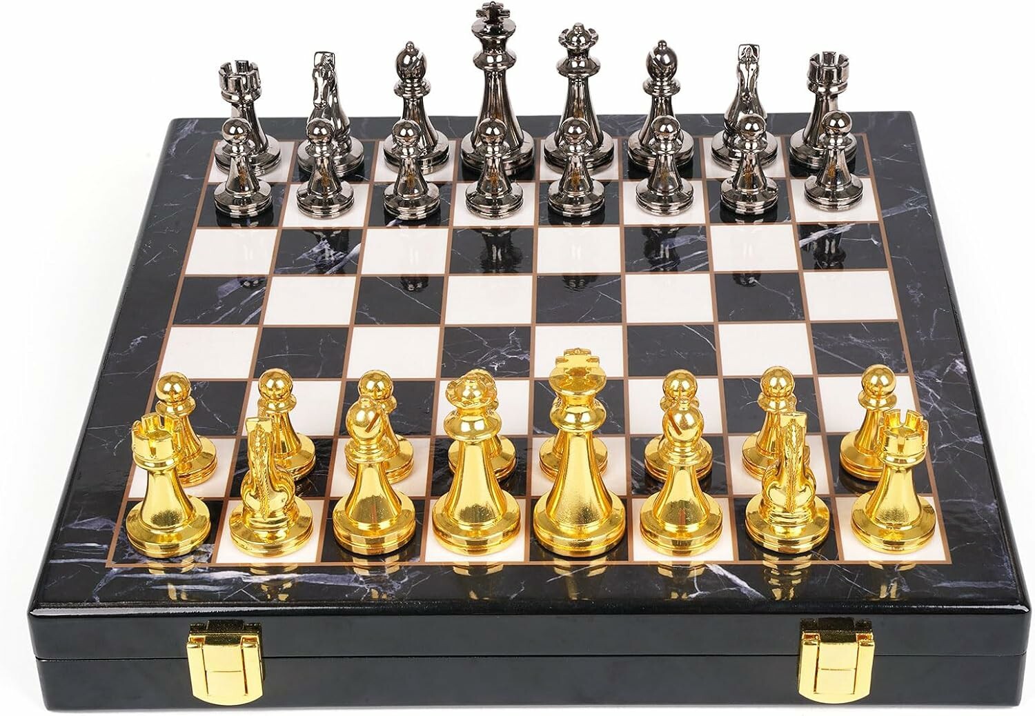 Retro Metal Chess Set - Marbling Folding Chess Board With Metal Pieces