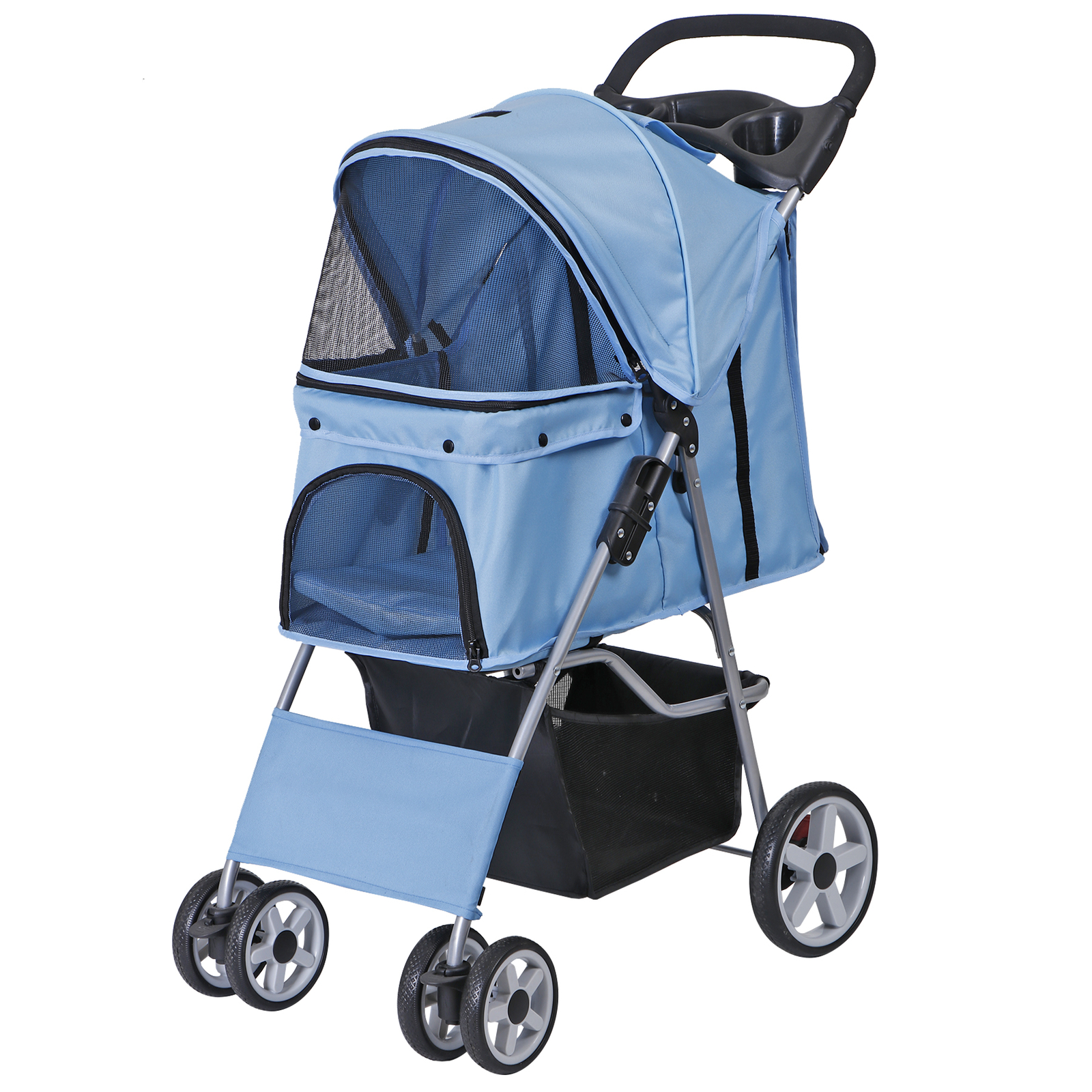 Dog Cat Stroller Travel Cart for Small Medium Pets Foldable with Cup Holder Blue