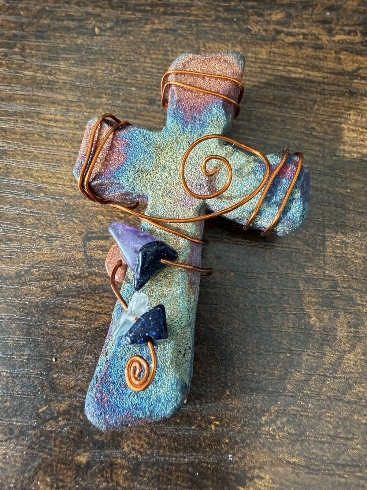 Jeremy Diller Raku Pottery Cross Magnet Art Iridescent w Copper Wire & Stones