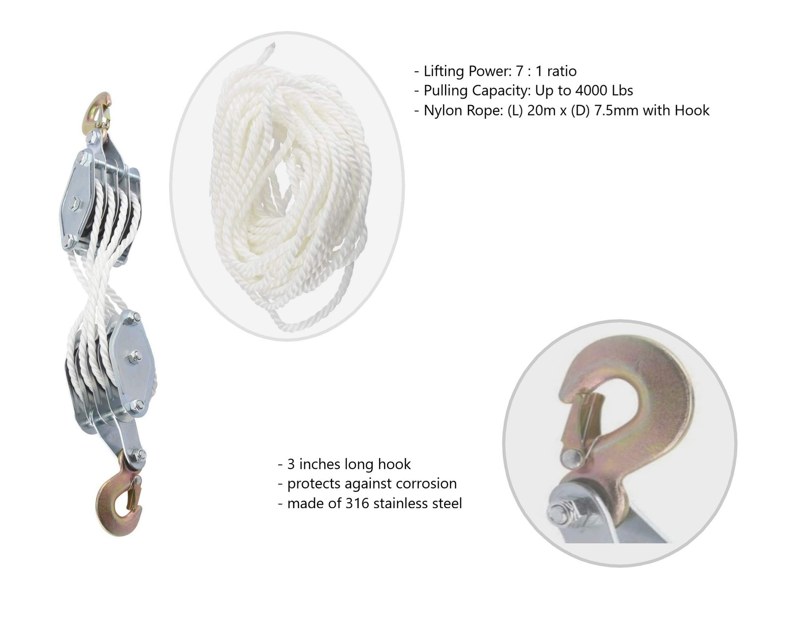 Block and Tackle Pulley System for Lifting Objects - SoB 4000LB Breaking Stre...