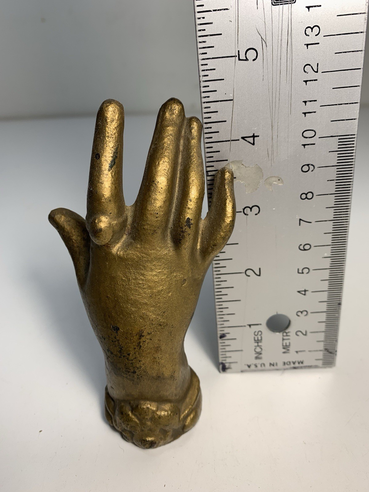Antique Solid Cast Iron Paperweight Figurative Hand Sculpture Gold Gild Vintage