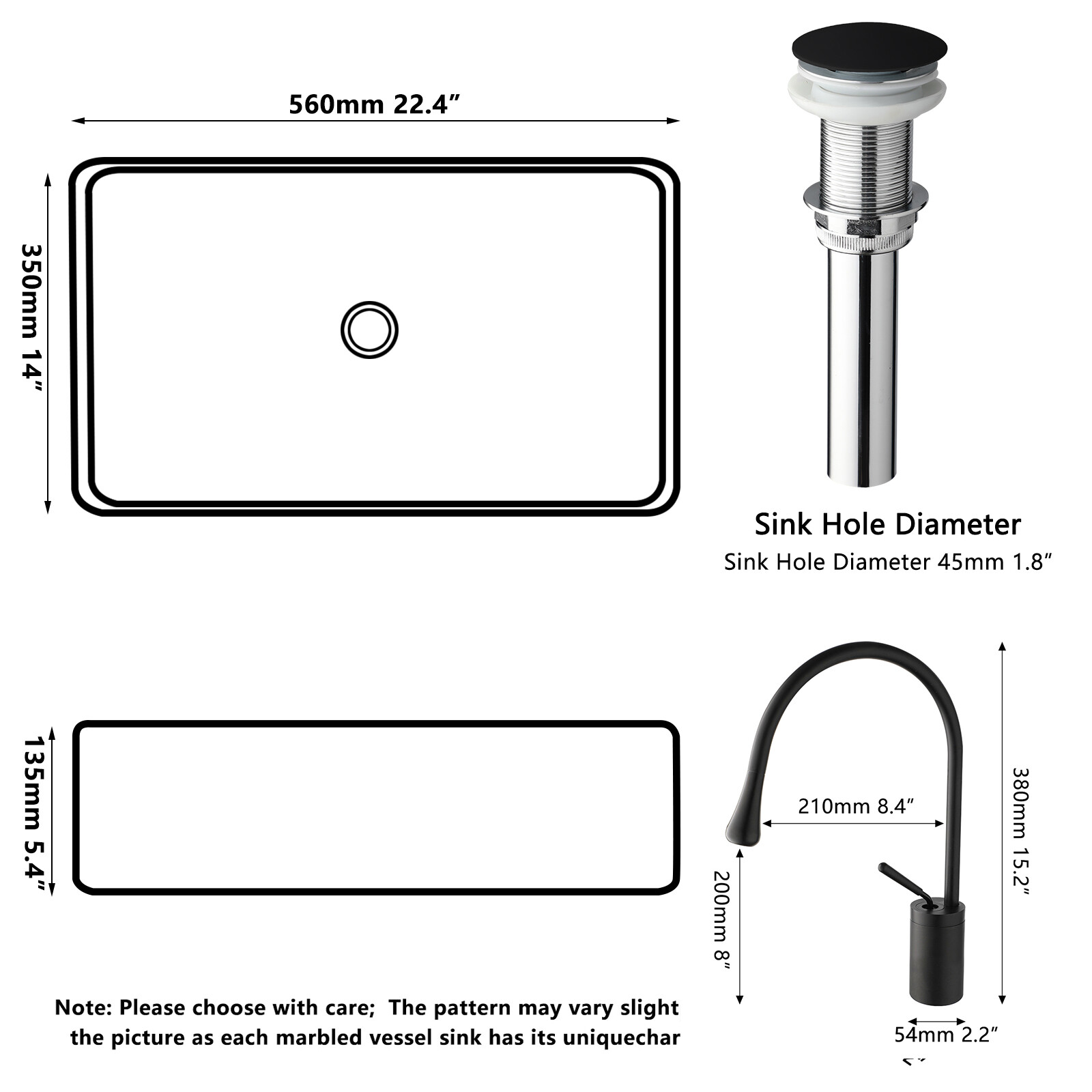22.4inch Bathroom Vessel Sink Rectangle Resin Basin Bowl &Faucet And Drain Set