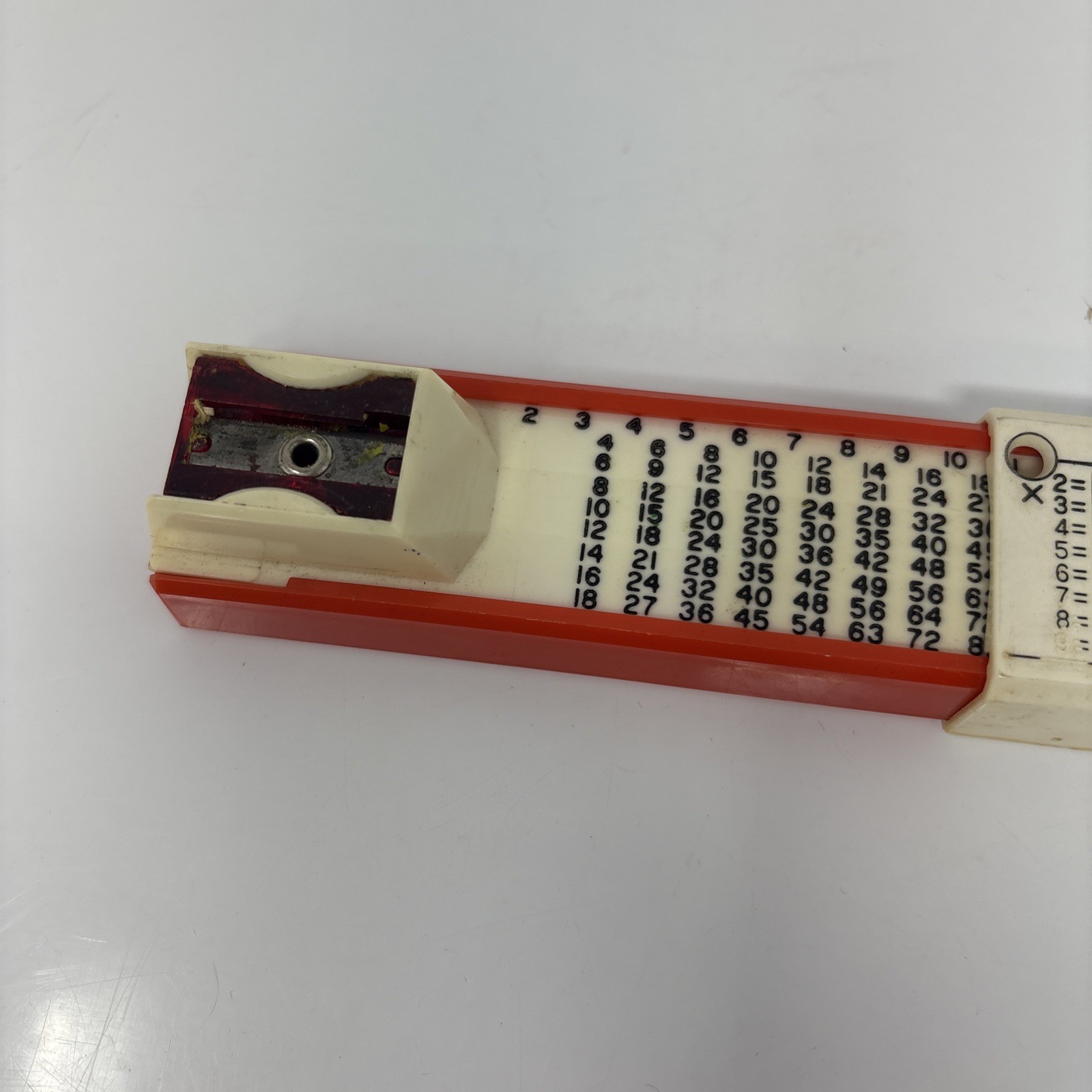 Vintage Sterling Multiplier Pencil Box, Sharpener & Ruler, Red And White 7 5/8"