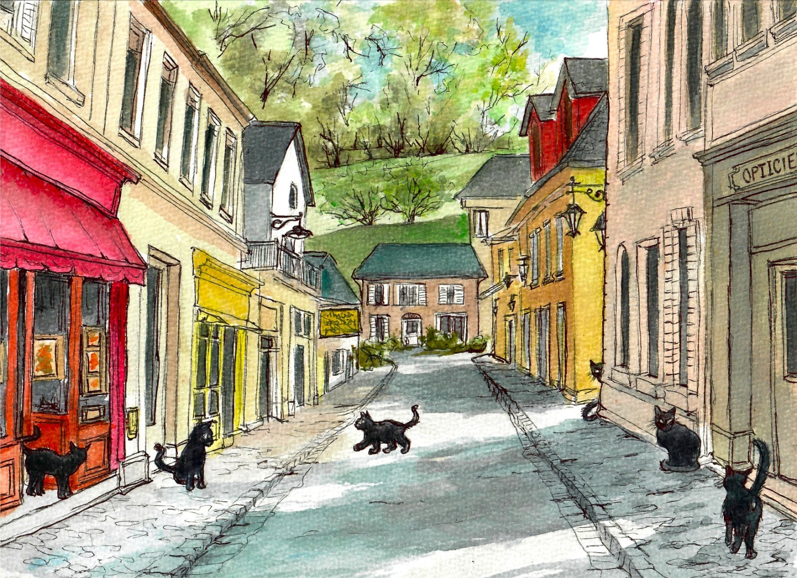 Cats  In A French Street, Black Cats, (Signed, Matted Watercolor Art Print)