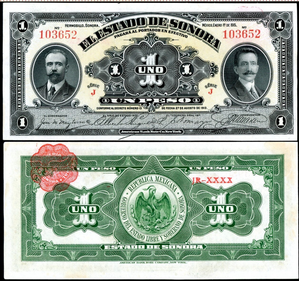 MEXICO - Revolutionary Sonora 1 Peso P-S1071 Gonzalez & Suarez - Crisp AU!