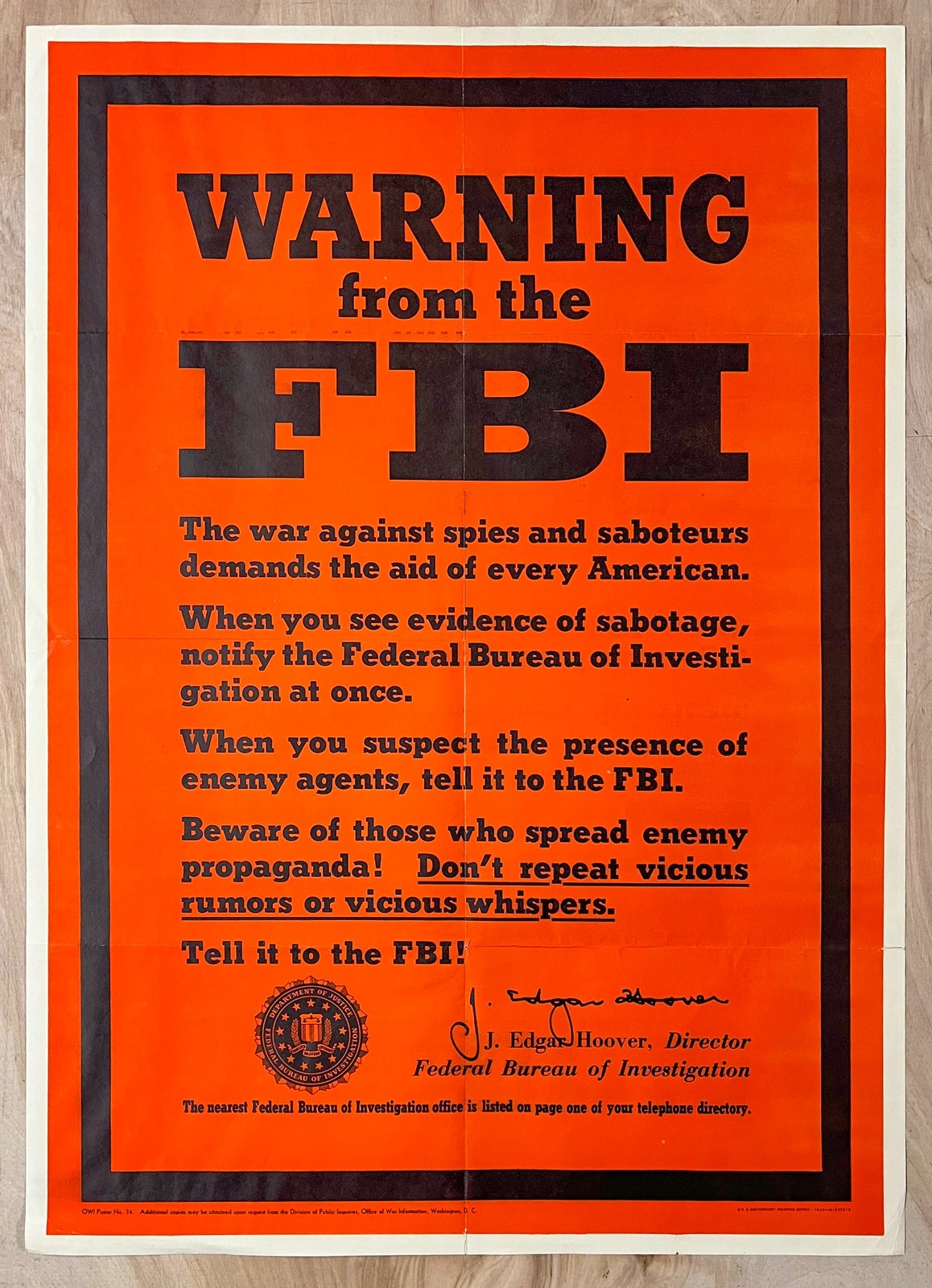 1943 Warning From The FBI Spies Saboteurs Enemy Agents Poster J. Edgar Hoover