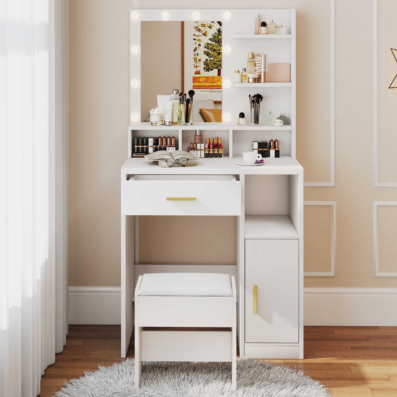 LED Makeup Vanity Table Set with 10 Lights Mirror Drawers Stool Dressing Desk