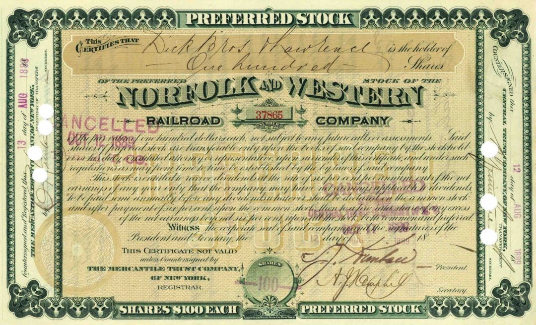 Norfolk and Western Railroad Co. - 1880's dated Railway Stock Certificate - Ve