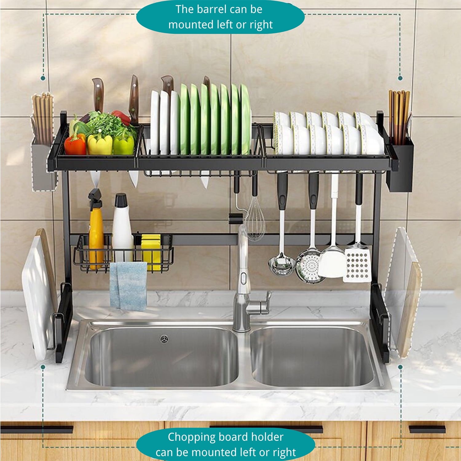 2-Tier Stainless Steel Dish Rack Over The Sink, Large Drainer to Save Space