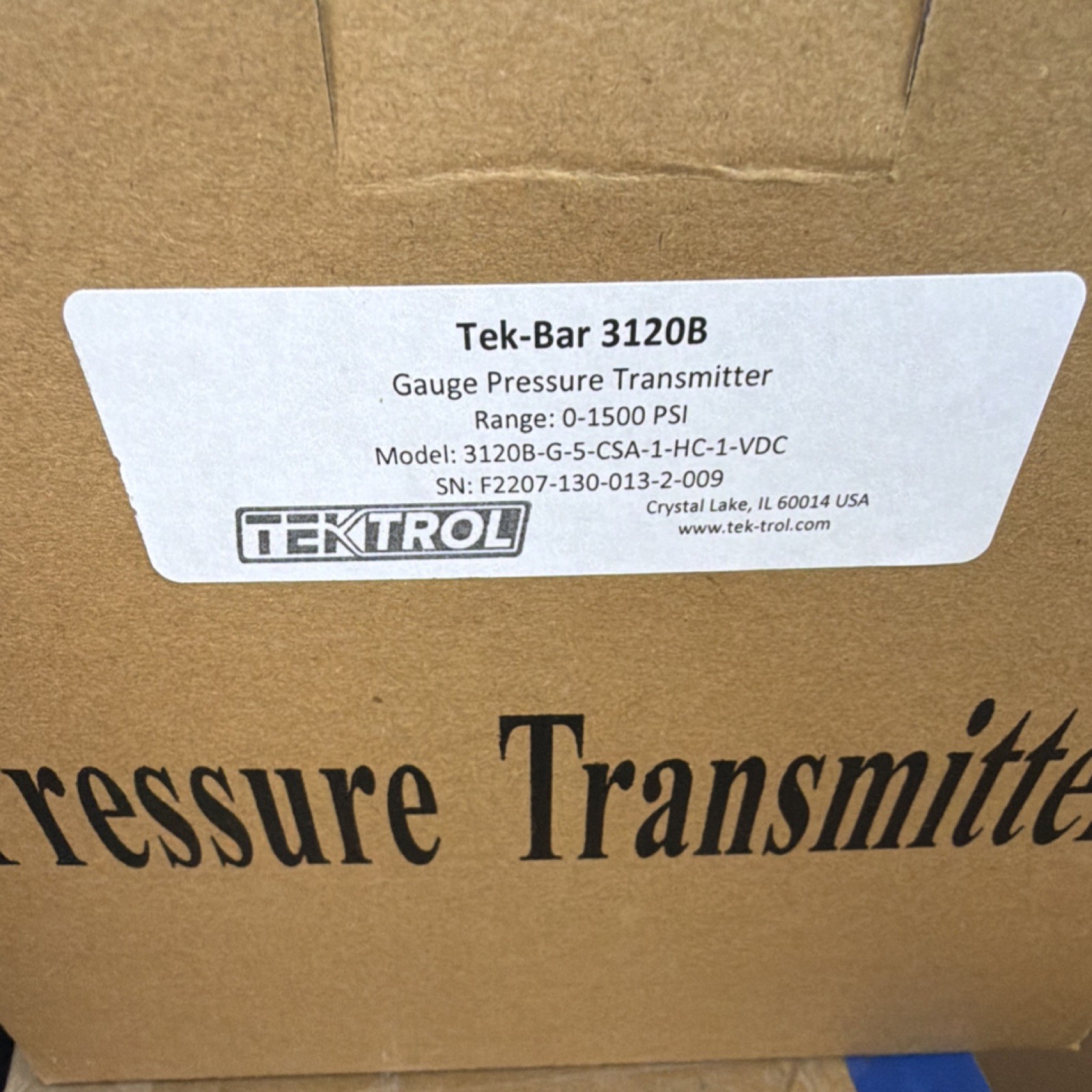 Tek-Trol Tek-Bar 3120B Gauge Pressure Transmitter 0-1500 PSI MPN 3120B-G-5