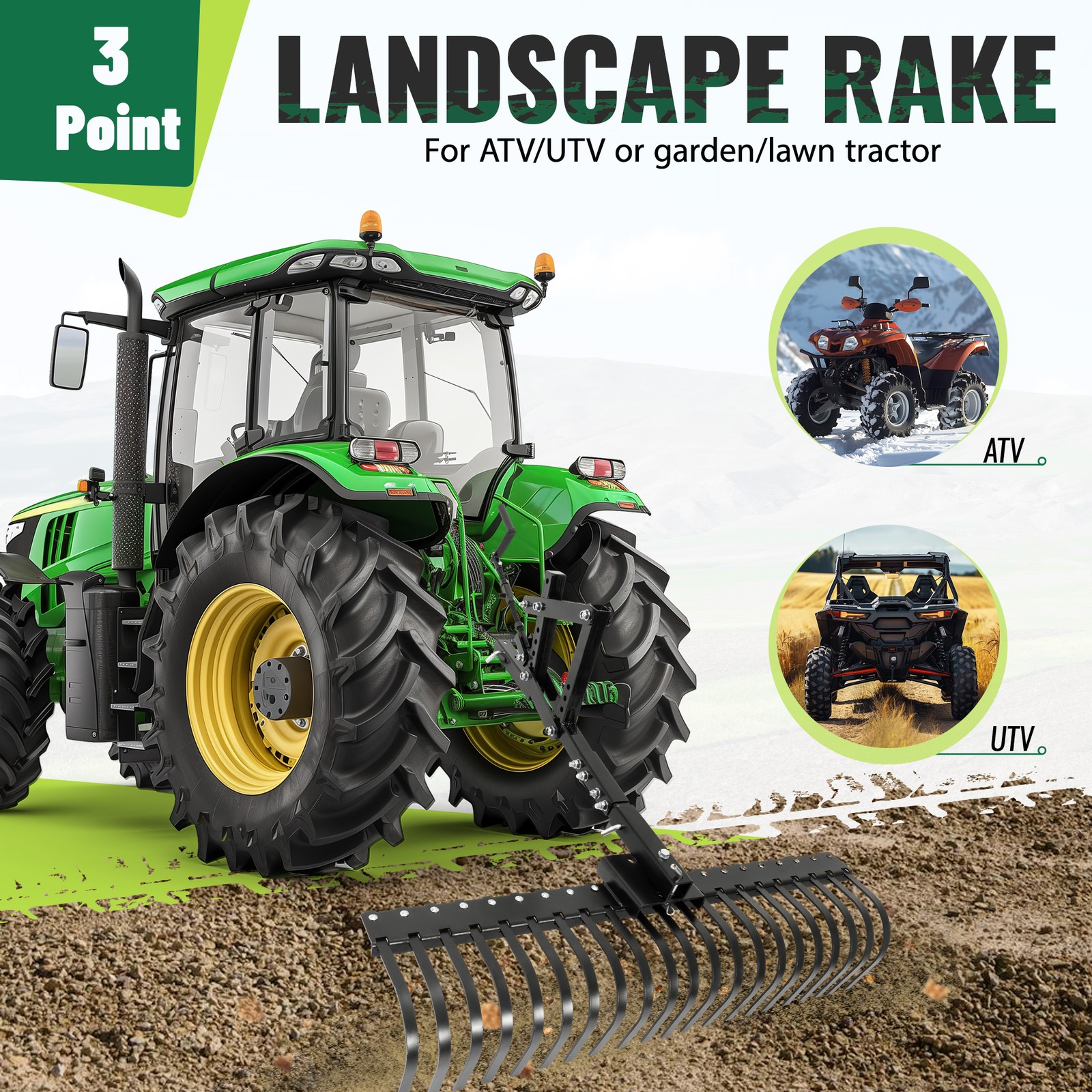 For ATV UTV Lawn Garden Tractors 60" Landscape Rake W/1 Point Hitch Lift Steel