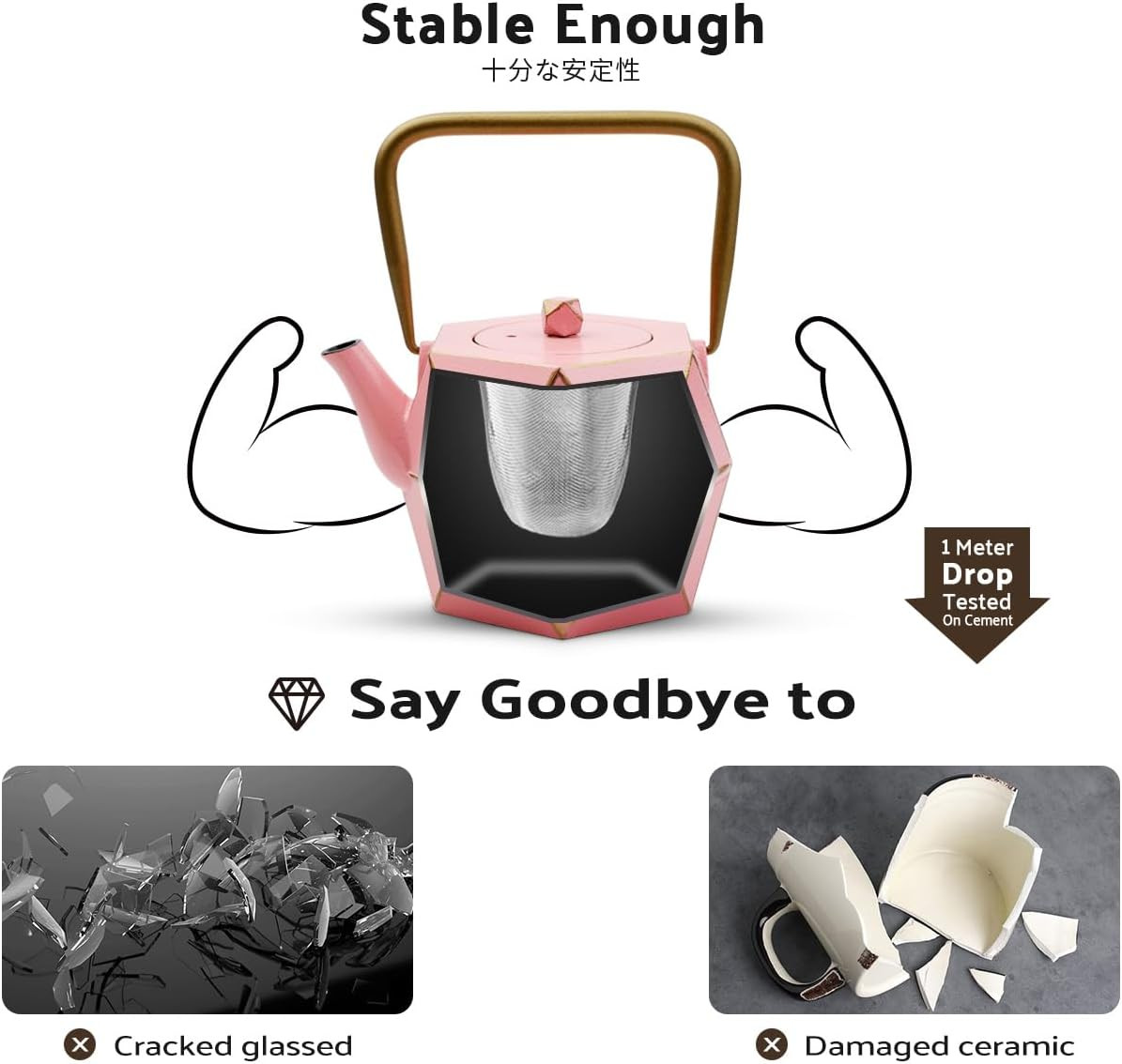 Teapot with Removable Infuser, Cast Iron Tea Kettle Stovetop Safe, Solid Geometr