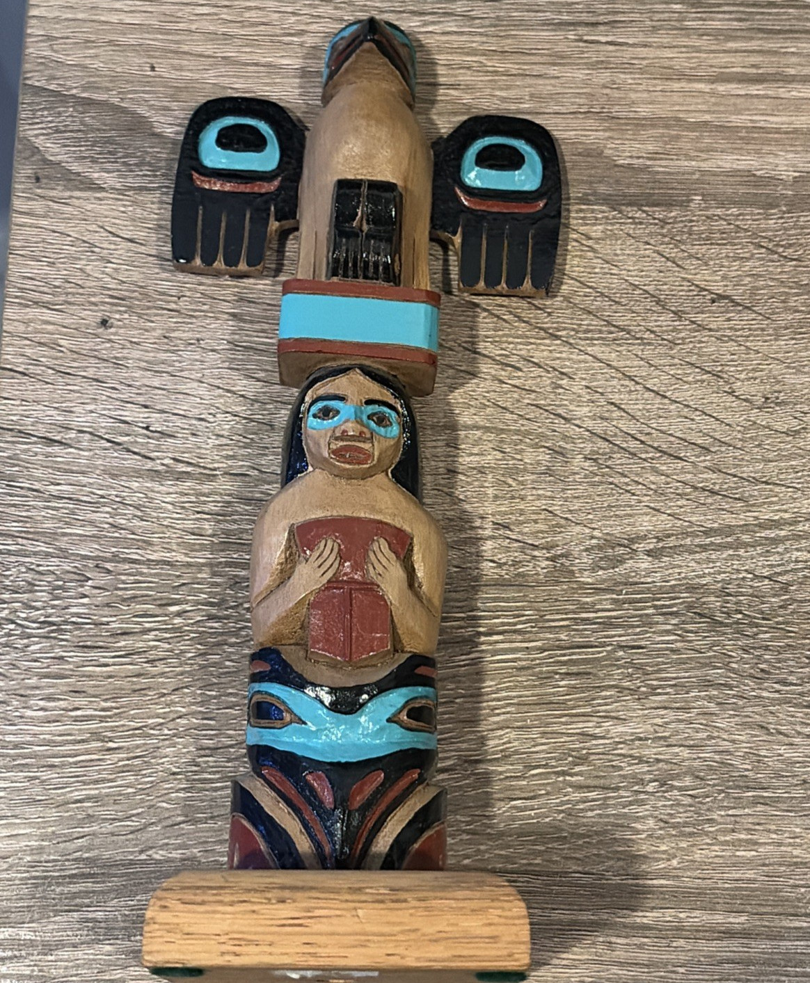 VTG 1992 Tlingit Hand Carved Painted Totem Pole Alaska, Native American 9"
