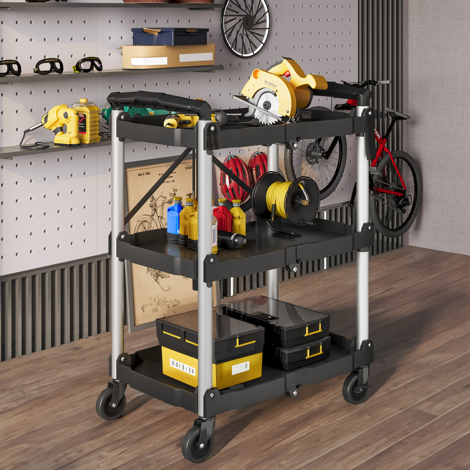 Foldable Utility Service Cart 3 Shelf 240LBS Portable Rolling Collapsible Cart