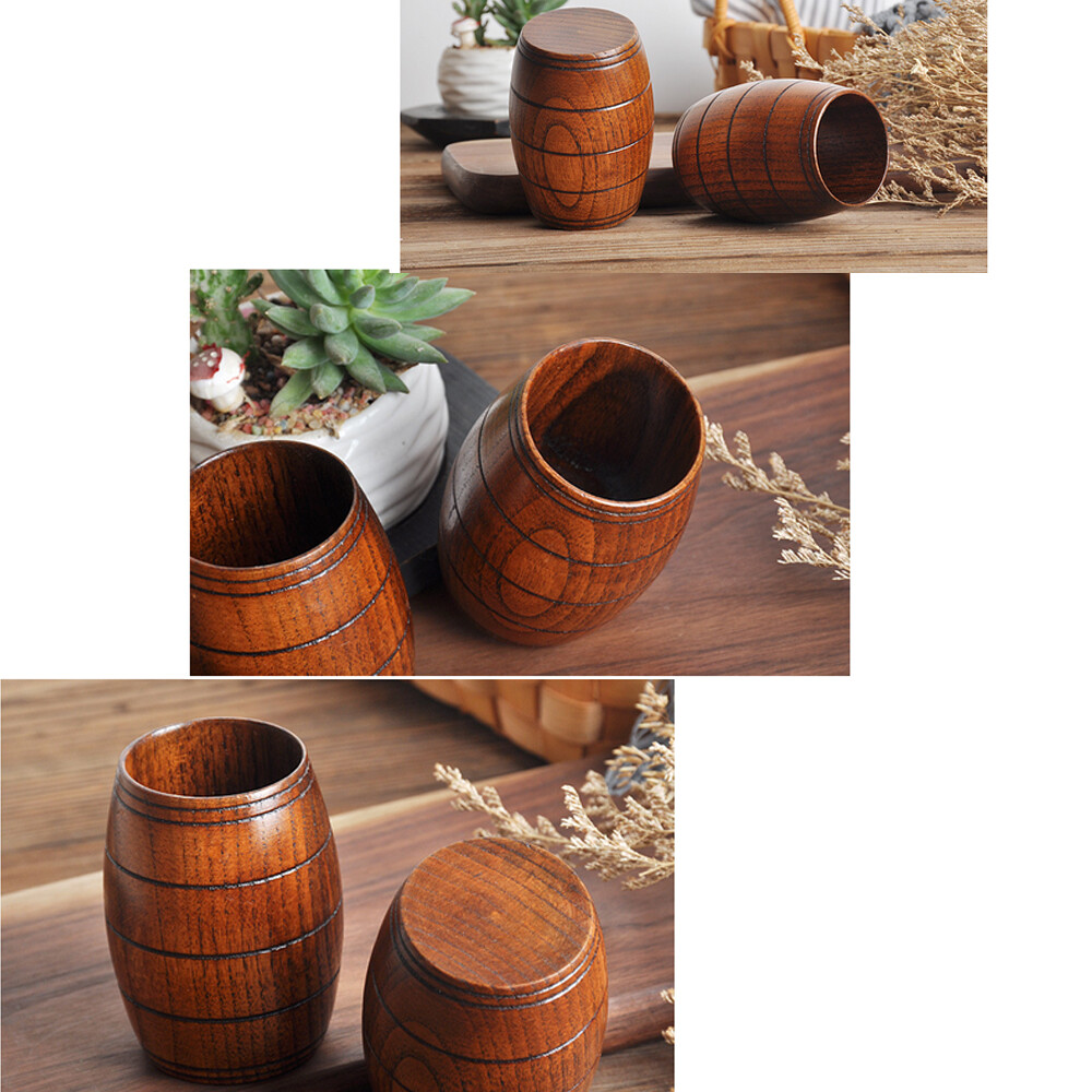 Wooden Barrel Shaped Beer Mug Classical Natural Solid Wood Drinking Cup