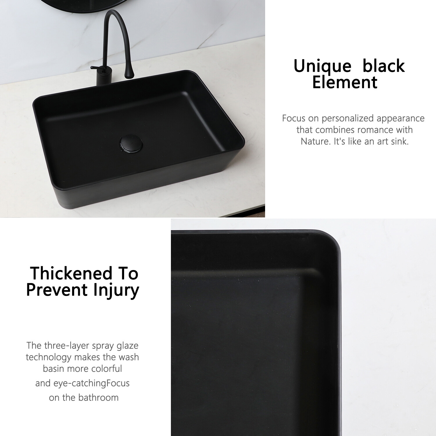 22.4inch Bathroom Vessel Sink Rectangle Resin Basin Bowl &Faucet And Drain Set