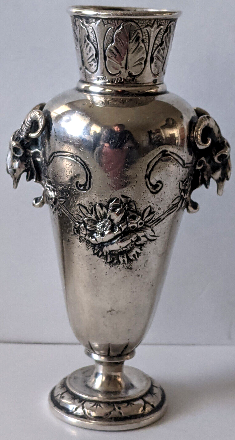 c.1900 Antique German Kaser & Walter 800 Silver Cabinet Vase. Applied Ram Skulls