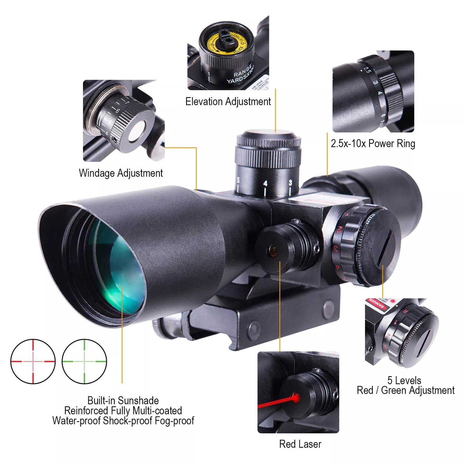 2.5-10x40 Rifle Scope Illuminated Red & Green Mil-dot Reticle Rail Mount