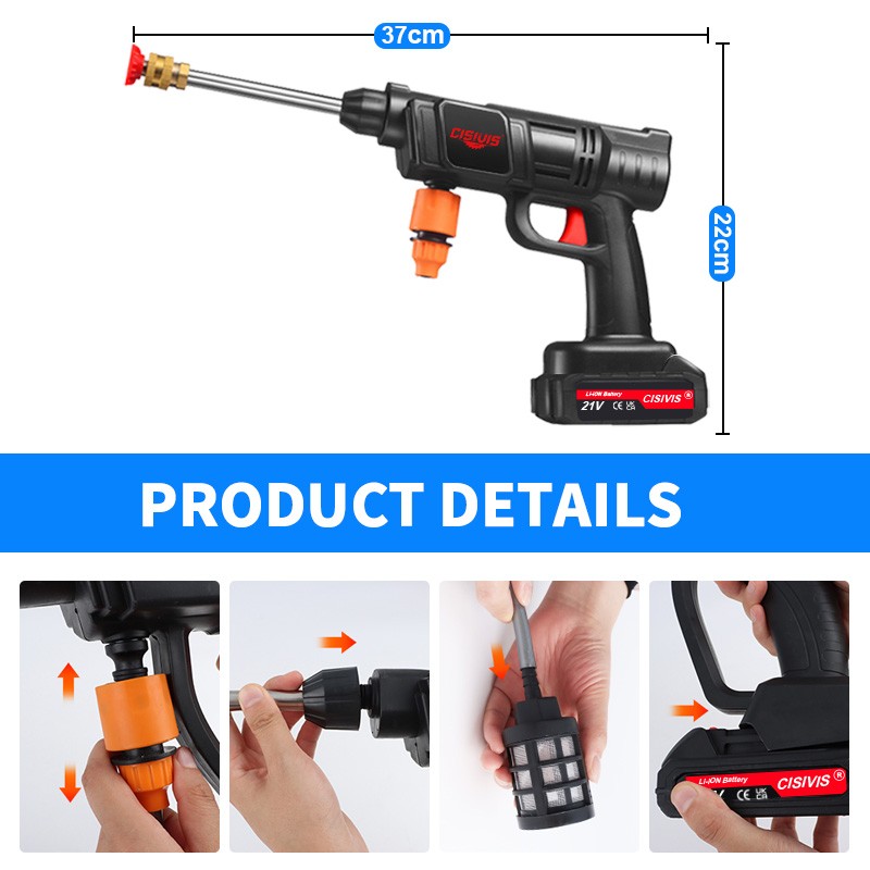 Cisivis Cordless High Pressure Car Washing Gun Pressure Washer Gun with 2 Nozzle