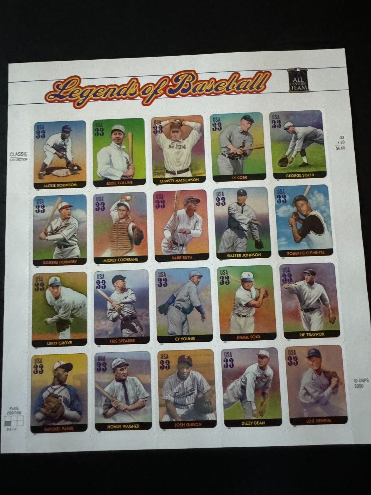 Scott #3408 Legends of Baseball Pane of 20 32¢ Stamps (2000)
