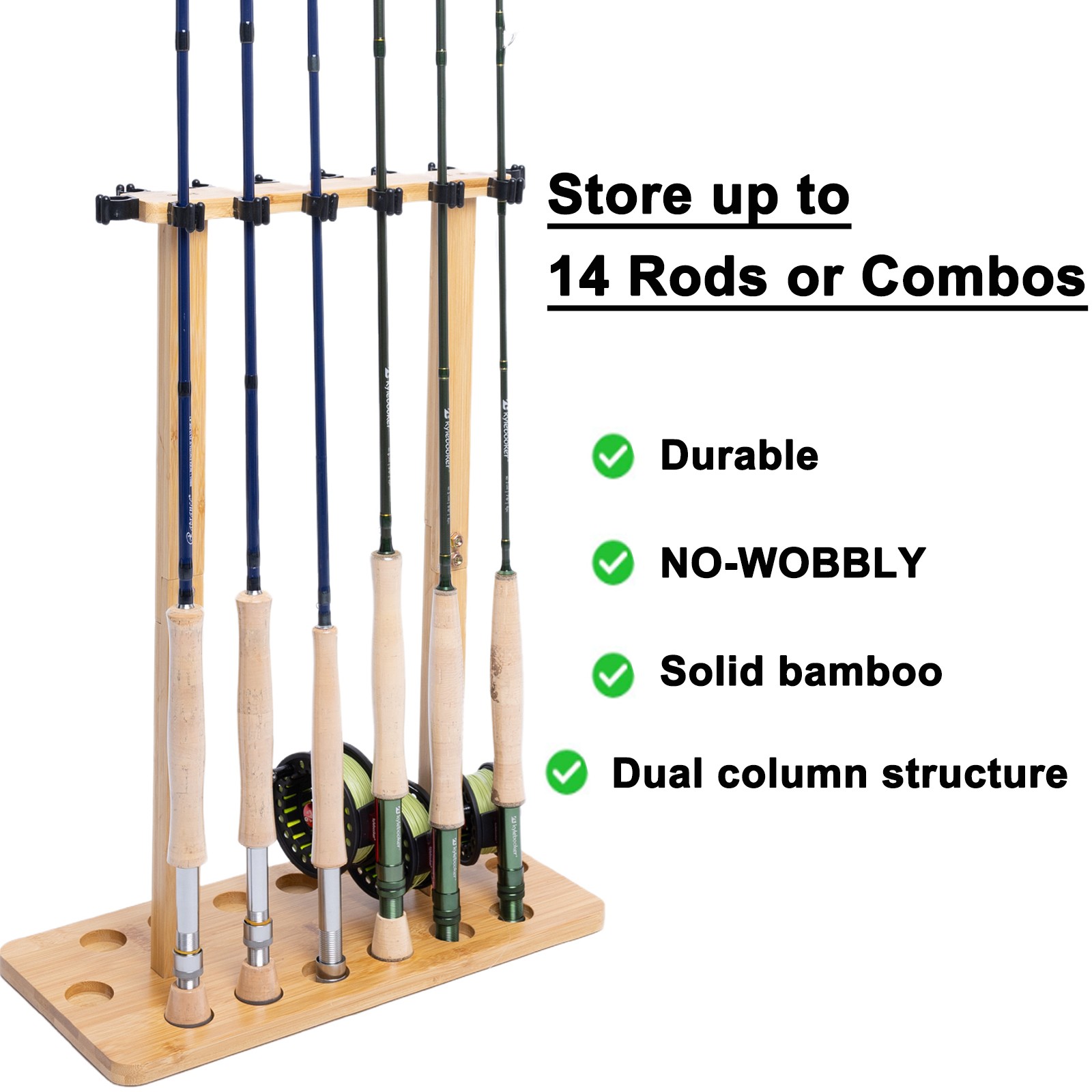Fishing Pole Rod Racks—Floor Stand Bamboo Round rods holder for 14 Fishing