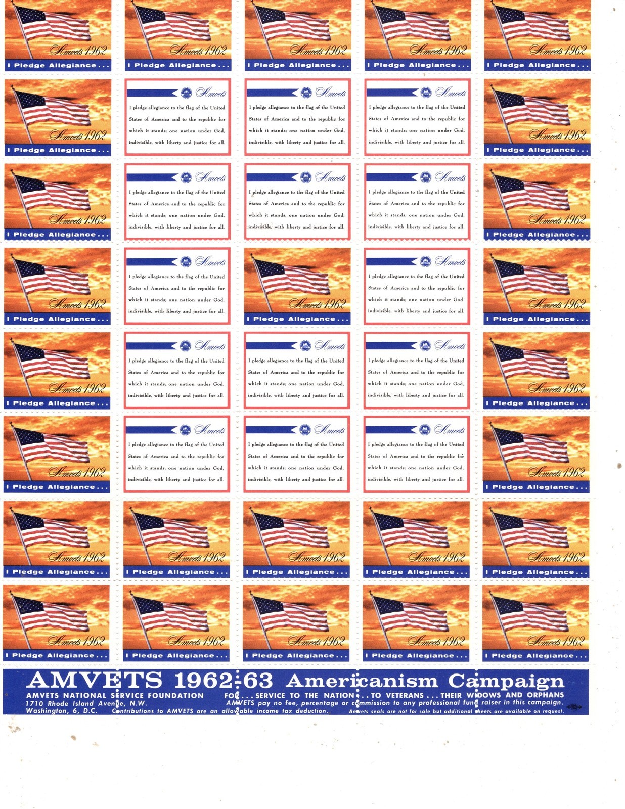 US Charity Stamp AMVETS American Veterans 1955 Thru 1964, 10 Full Sheets MNH