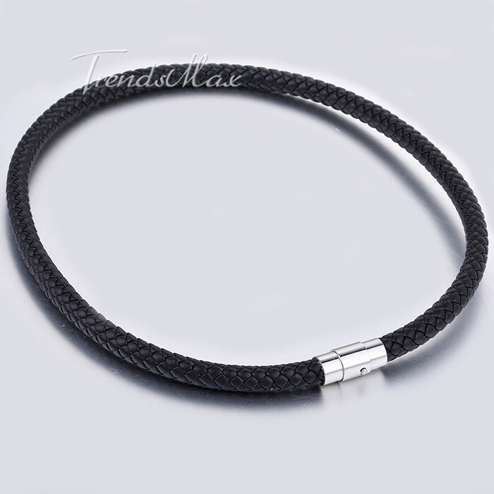 Men's Black Braided Leather Cord Necklace Choker Magnetic Clasp