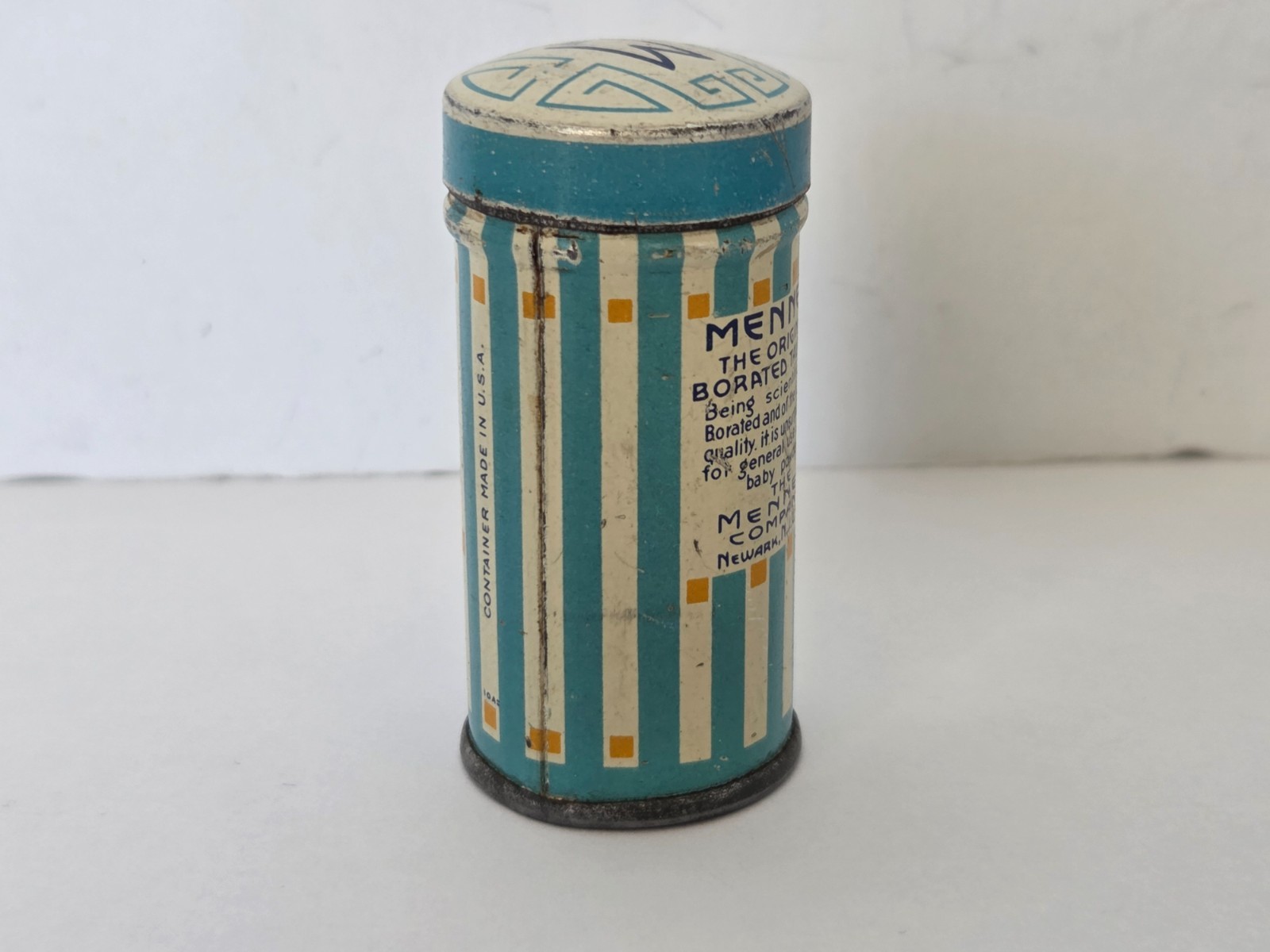 Vintage Mennen Borated Talcum Tin Baby Powder USA Sample Size Advertising Empty