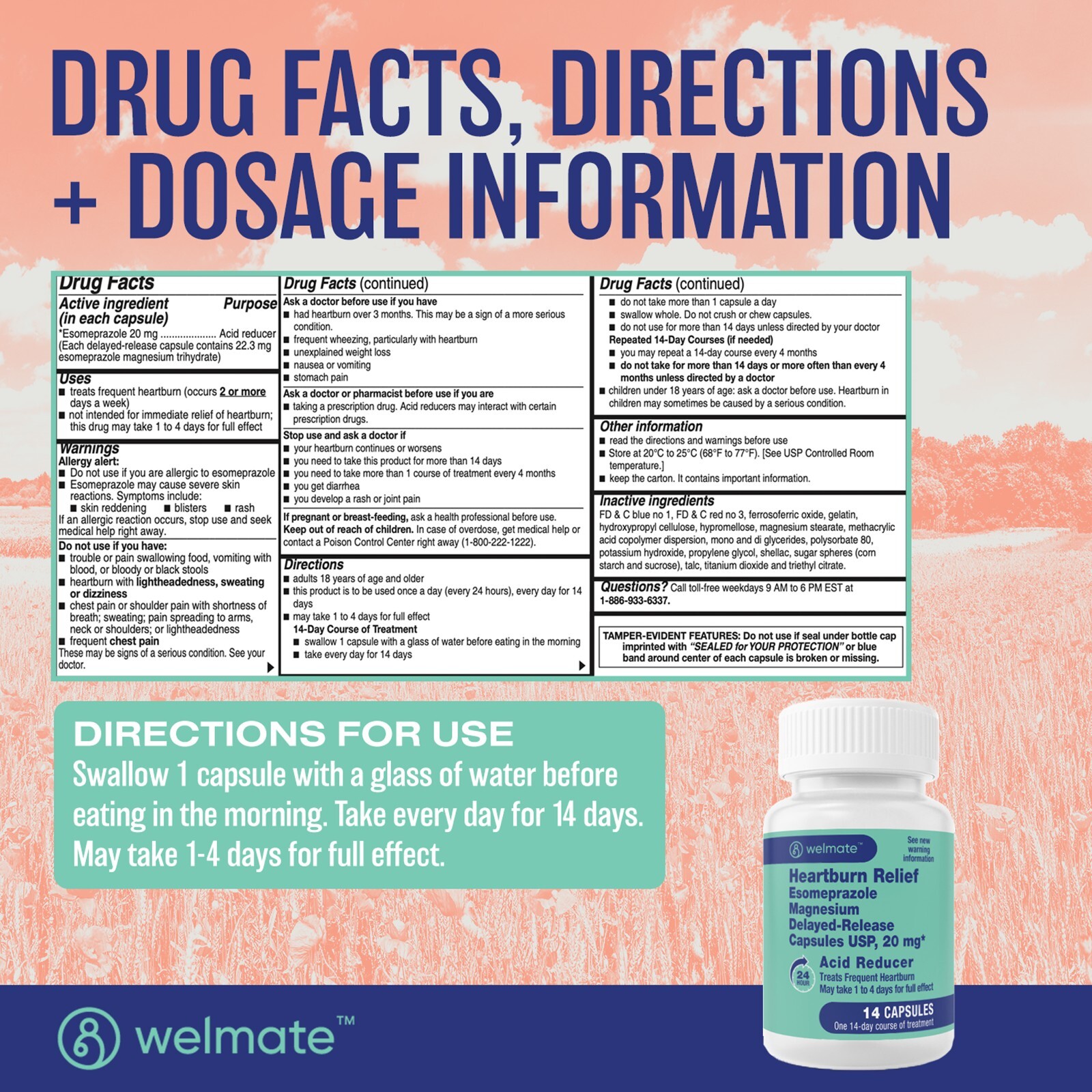 WELMATE Esomeprazole Magnesium 20mg DR Capsules | 24Hour Acid Reducer | 84 Count