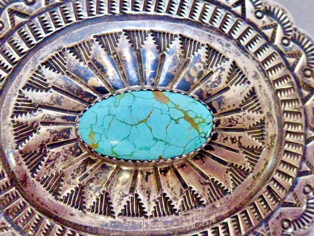 EARLY HAND STAMPED SIGNED NAVAJO STERLING SILVER SPIDER WEB TURQUOISE CONCHO