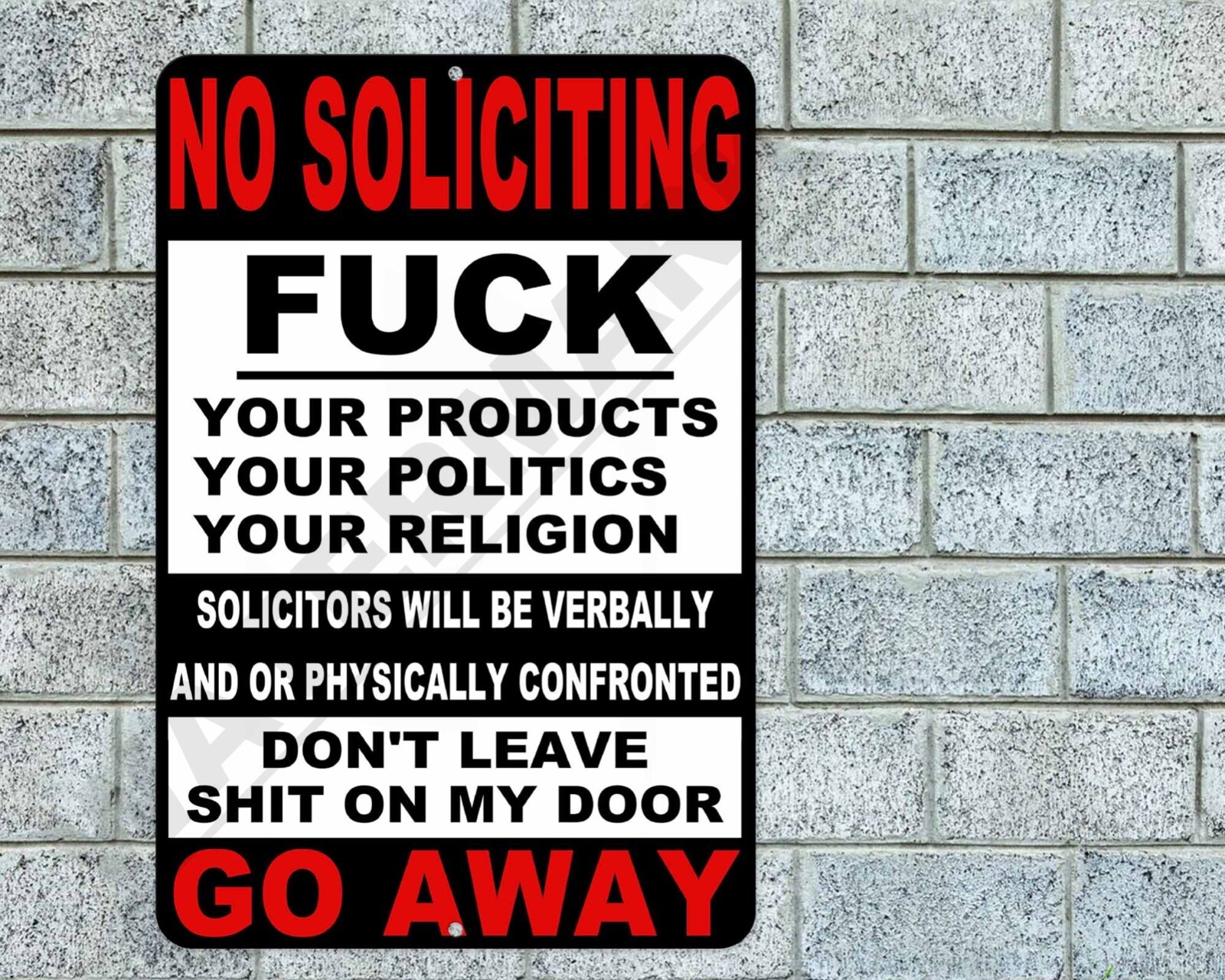 No Soliciting "F" Your Products Go Away Sign 8"x12" Aluminum Metal Funny Vulgar