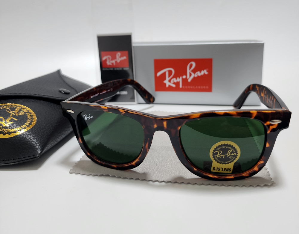 Ray-Ban RB2140 Wayfarer Classic Sunglasses Tortoise Brown Frame Glass Green Lens