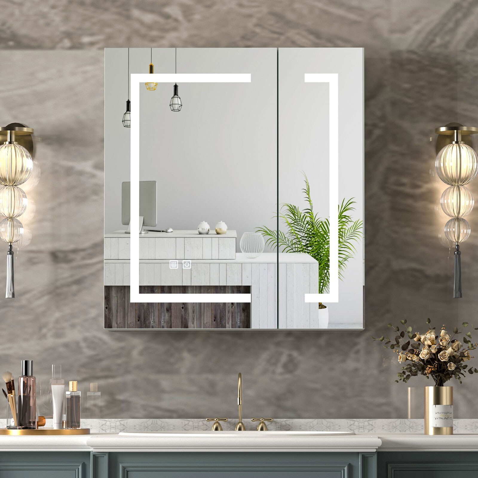 Dimmable LED Lighted Medicine Cabinet with Mirror Wall-mounted Bathroom Cabinet