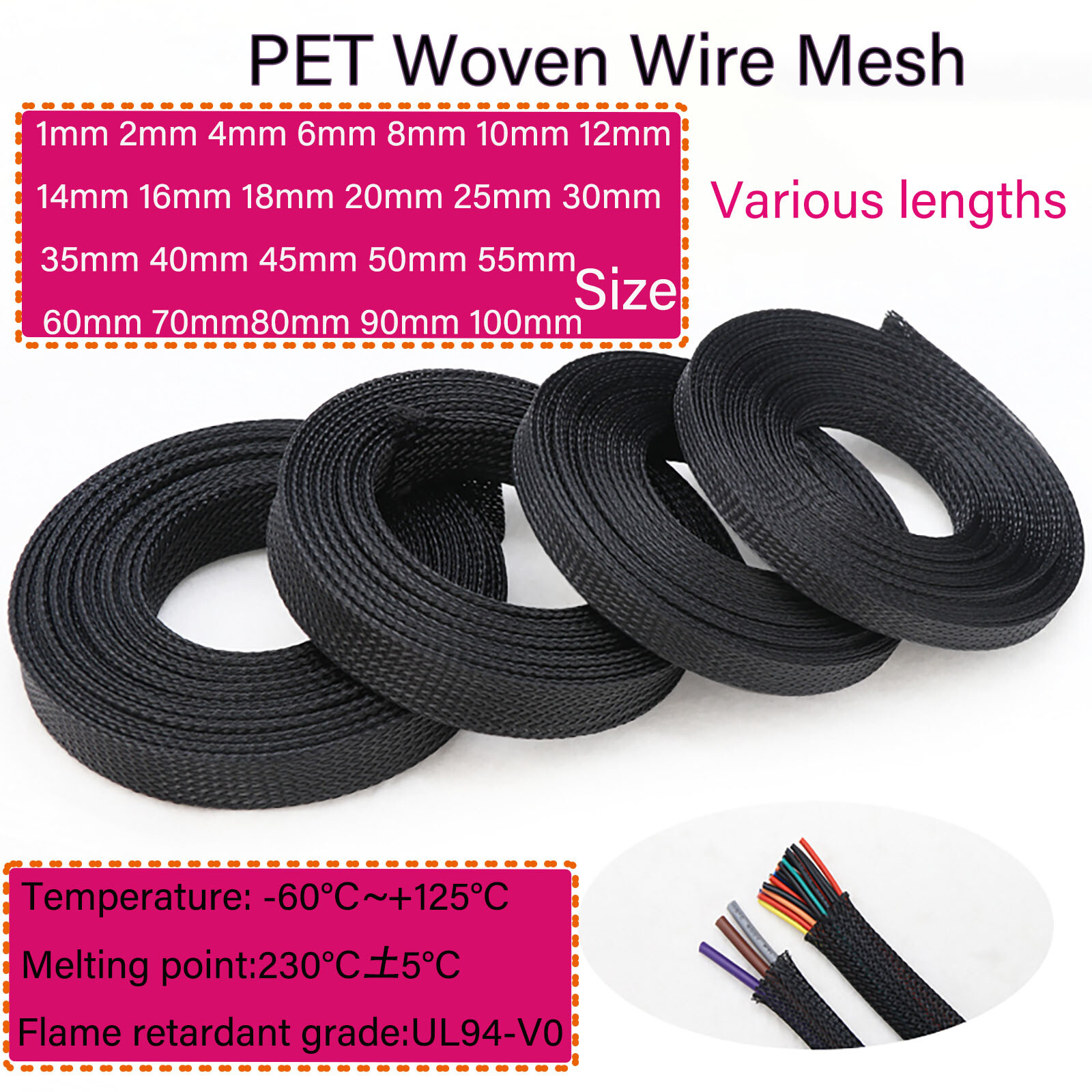 Black Expandable Wire Cable Sleeving Sheathing Braided Loom Tubing 1mm~100mm