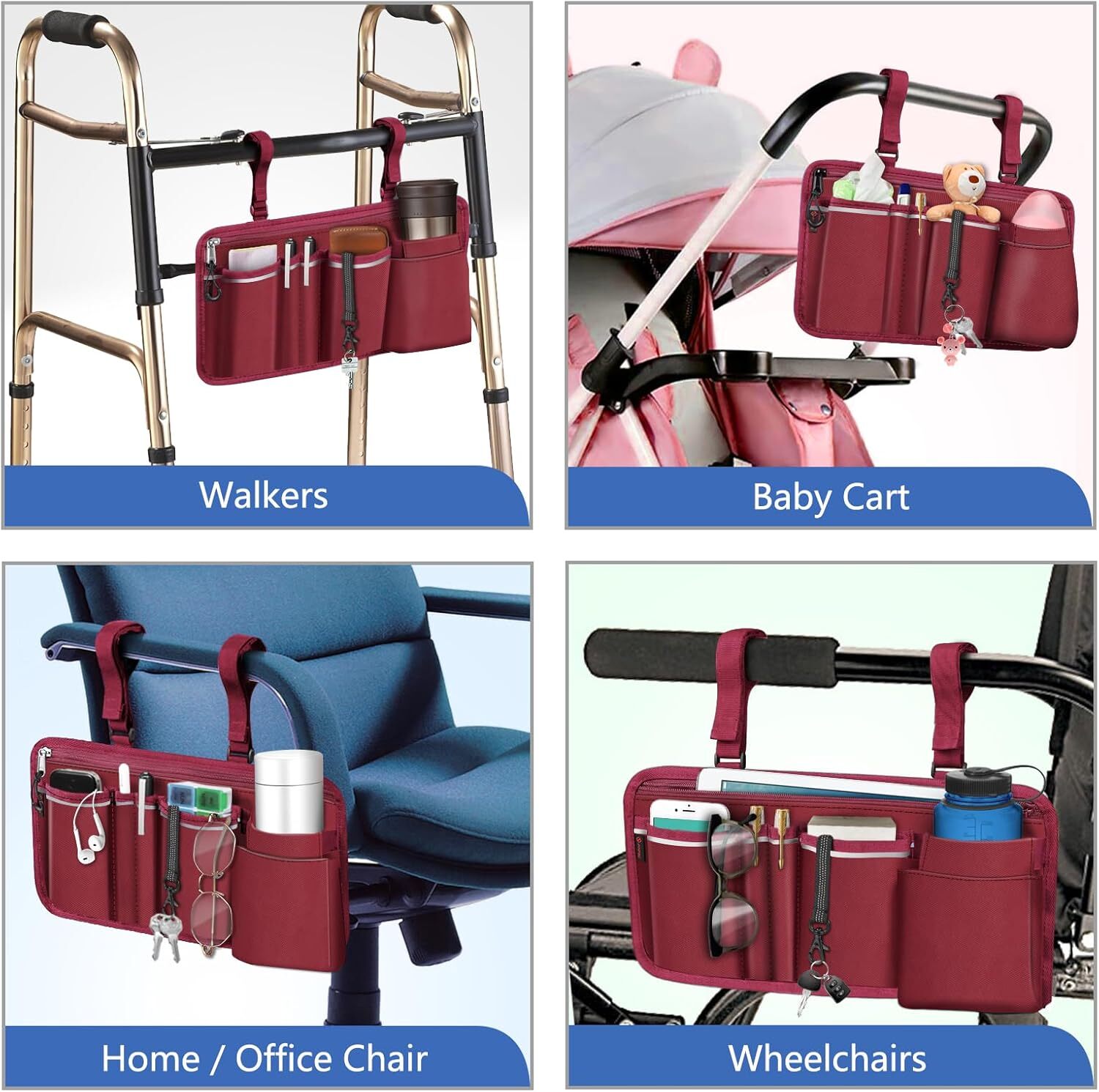 Wheelchair Side Storage Bag with Cup Holder for Power Wheelchairs, Walkers