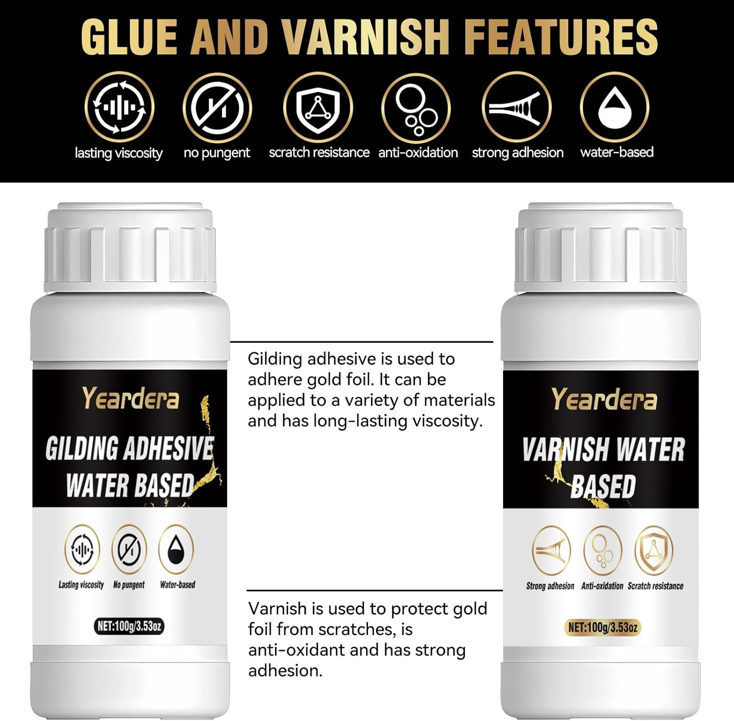 Gold Leaf Kit, 100ml Gilding Adhesive and Varnish with 100 Gold Leaf Sheets for