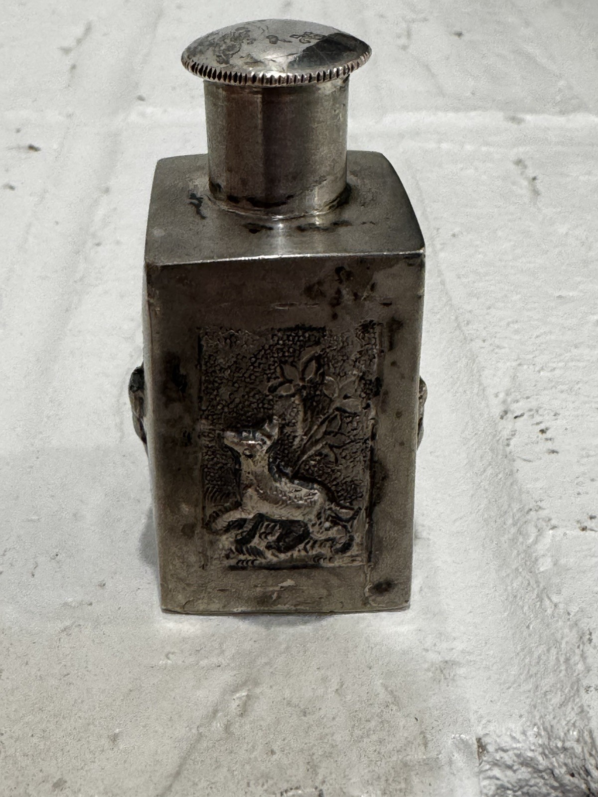 Silver Plate  Tea Caddy with Animals no markings