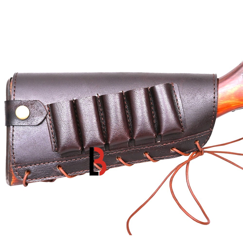 Brown Cowhide Leather Cartridge Holder Buttstock.12 GA Ammo Pouch for Shot Gun
