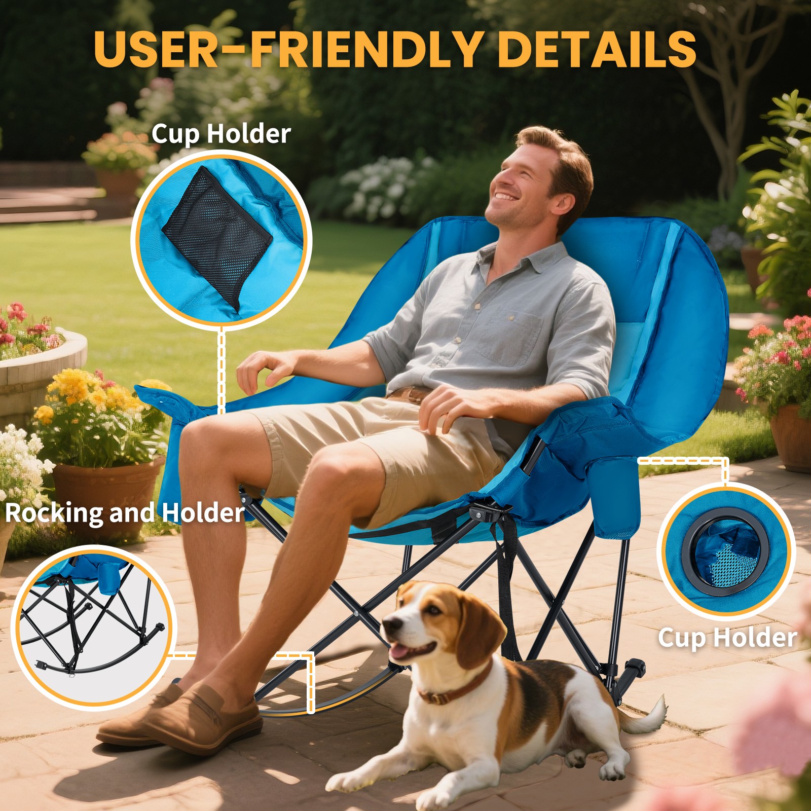 NAIZEA Rocking Chair Outdoor Folding Camping Chair with Cooler Bag Side Pocket