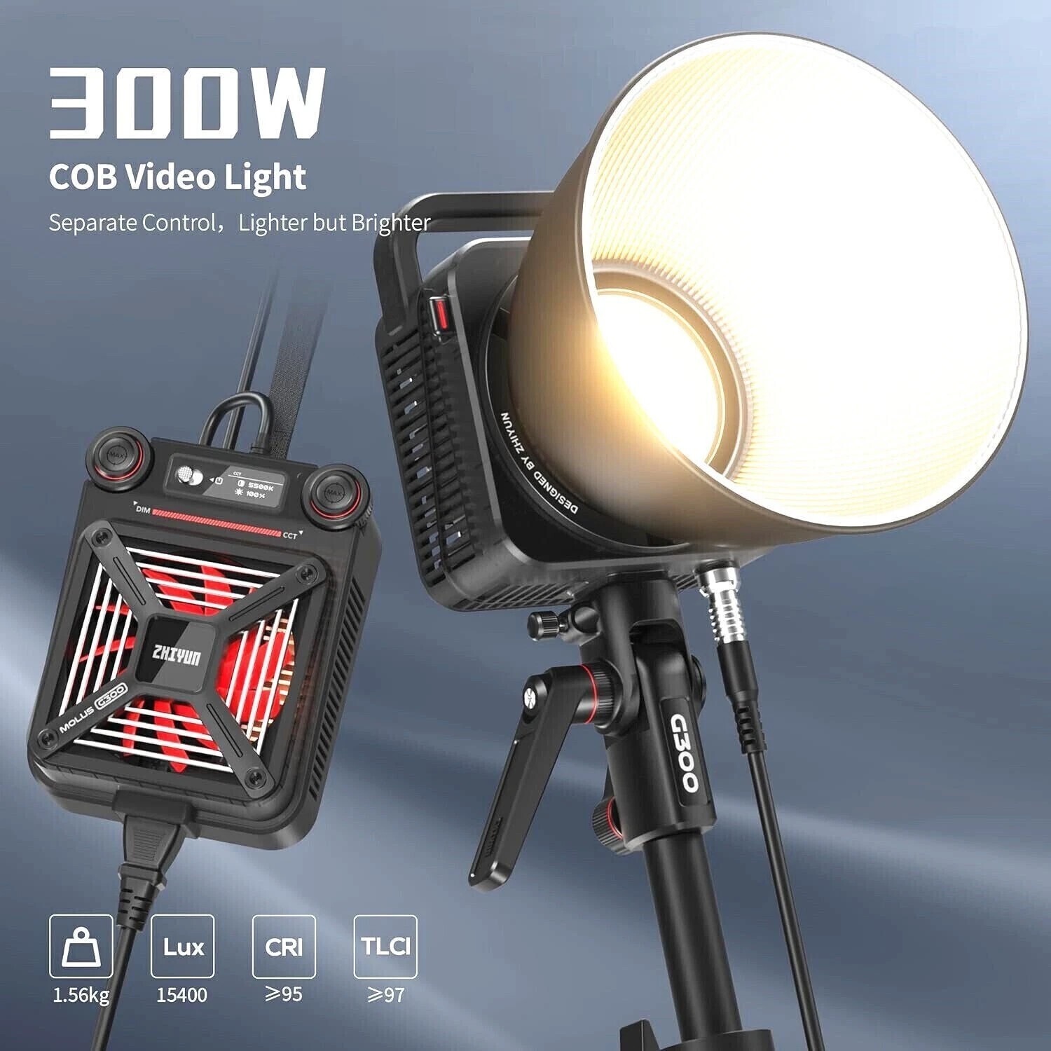 Zhiyun Molus G300 300W Bi-Color LED Video Light Photography Lighting 2700K-6500K