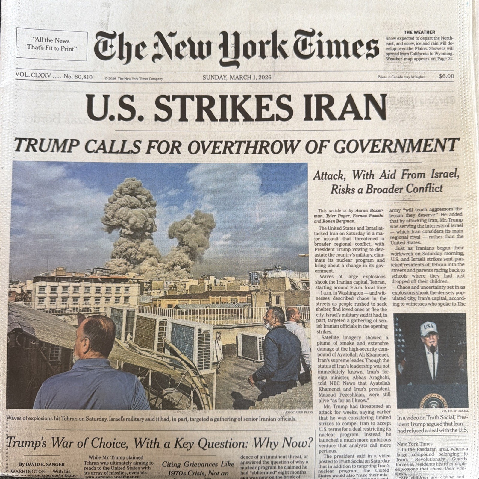 HISTORIC March 1 2026 ~ NEW YORK TIMES ~ U.S. STRIKES IRAN ~ Complete w/Magazine