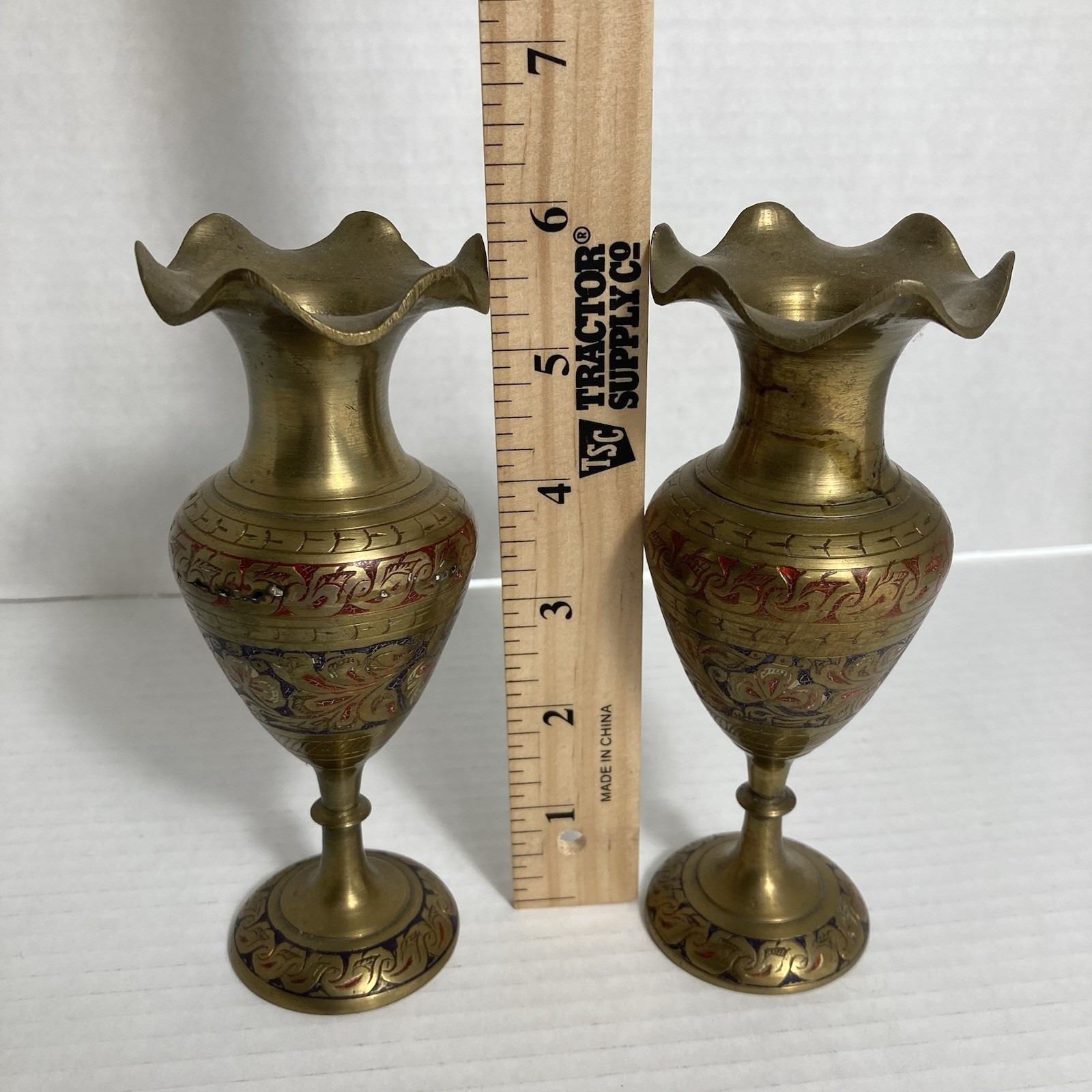 VTG Brass Etched Enameled Vases British India Scalloped Edge 6 In Art Deco MCM