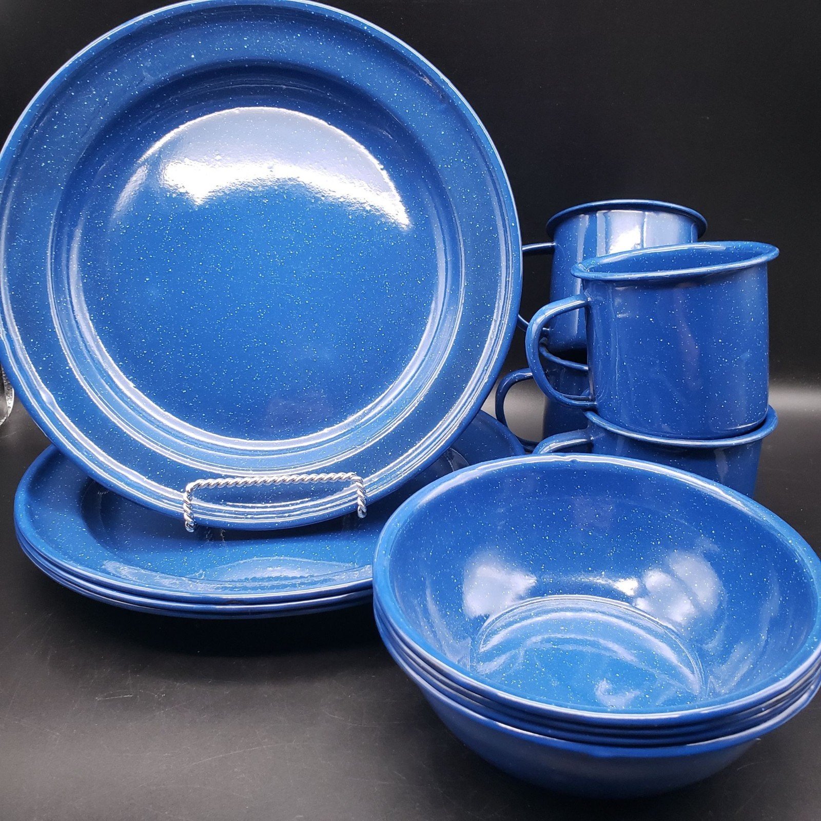 VTG Blue Speckled Enamelware Camp Mug Plate & Bowl Set 12pc Camping Graniteware