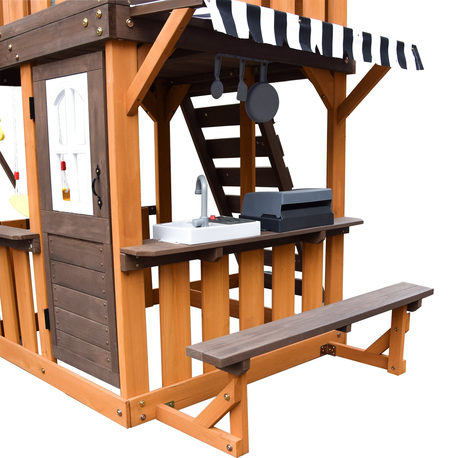 Large Wooden Kids Swing Slide Set Playhouse Kitchen,Rock Wall Outdoor Playground