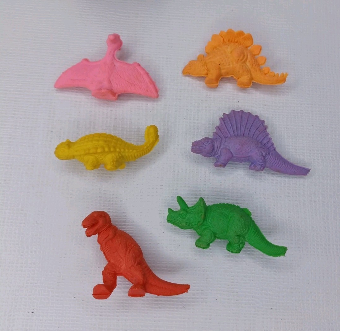 Rubber Dinosaur Eraser Set 6 Pieces Erasers With Box Vintage 1978 Emson