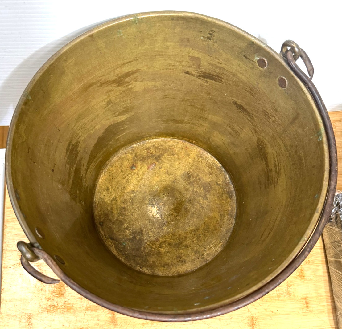 Antique HW Hayden Brass Bucket 1851 Patent Spun Brass Pail Iron Handle 1866
